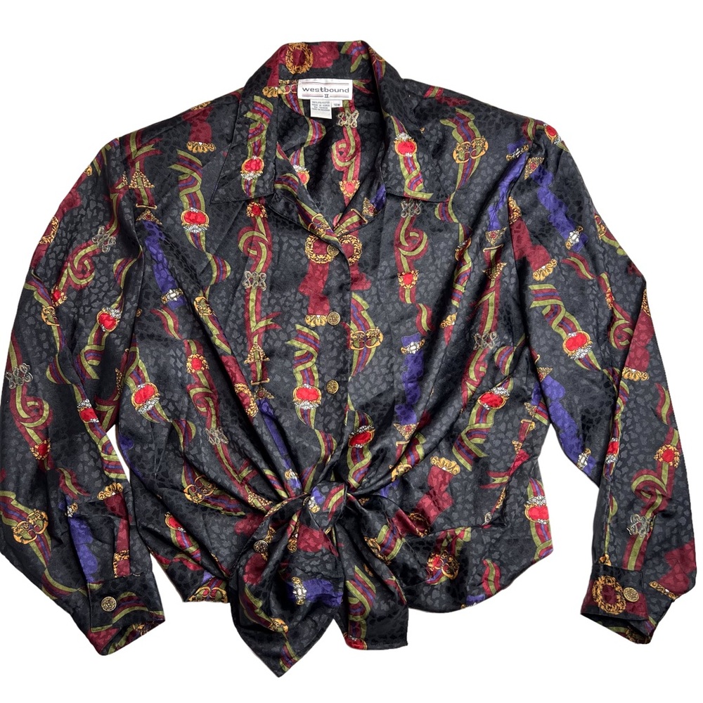 Vintage 80s 90s Jacquard Ribbon Medallion Status Equestrian Print Blouse 18W